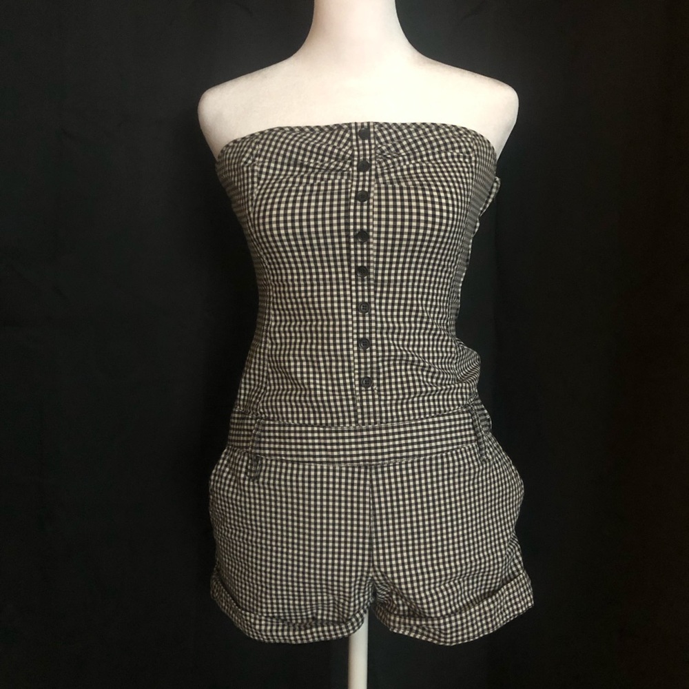 Black and White Gingham Strapless Romper